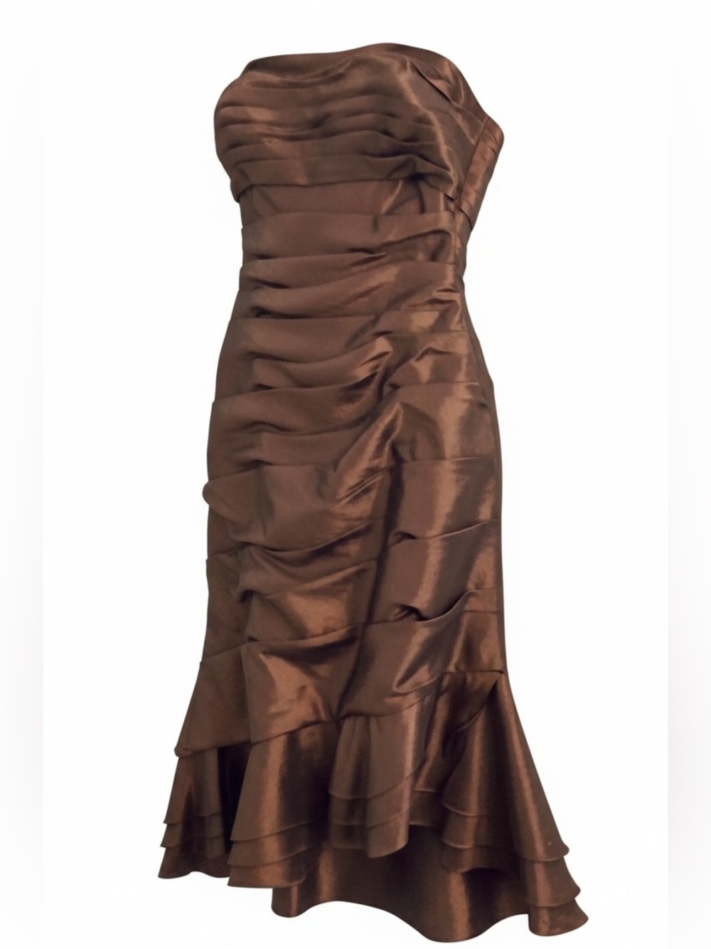 Mon Cheri Chocolate Brown Metallic Taffeta Ruched Dress Fall Wedding Gala Gown